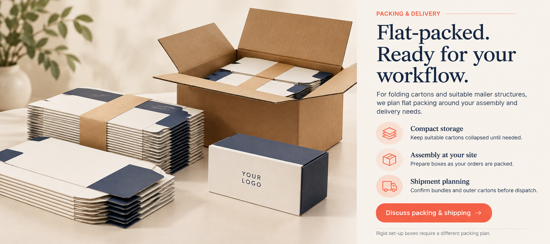 Illustration of flat folding cartons bundled beside an outer shipping carton and an assembled box