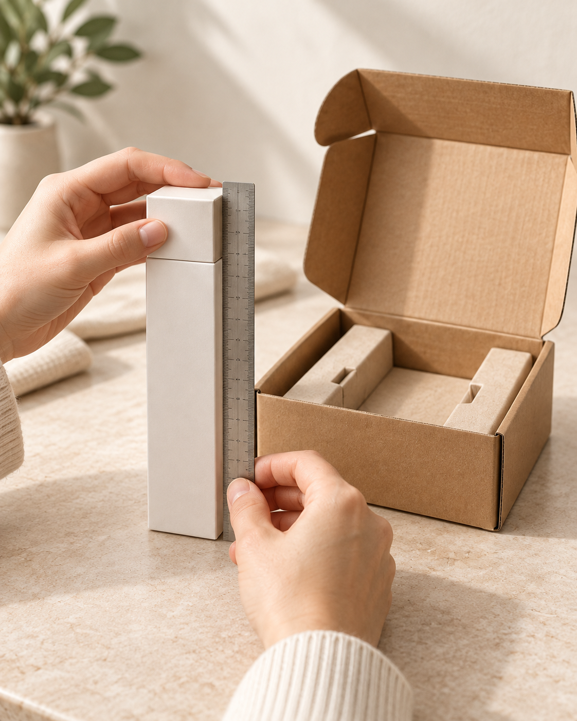 Hands measuring a product carton with a ruler beside an open kraft mailer